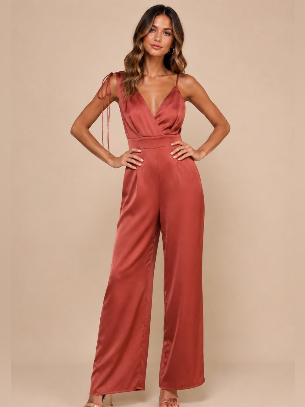 NWT Lulu’s Look of Luxe Rusty Rose Satin Asymmetrical Wide-Leg Jumpsuit Size L
